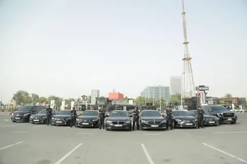 A long row of black chauffeur cars