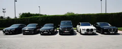 A row of black and white chauffeur cars in front of a hedge
