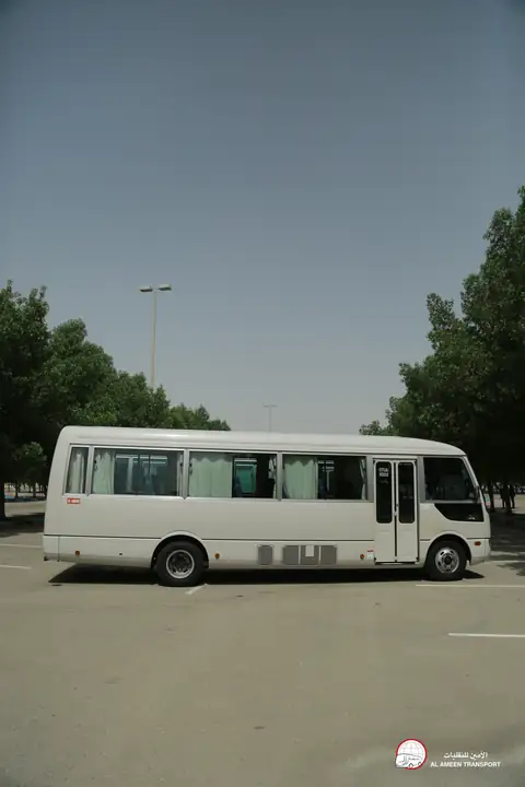 A white minibus alone in a tree-lined car park