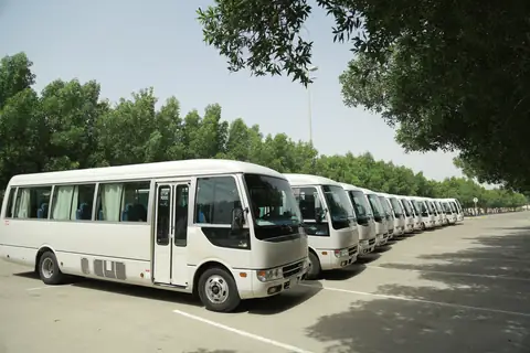 A white minibus at the head of a line of minibuses under trees