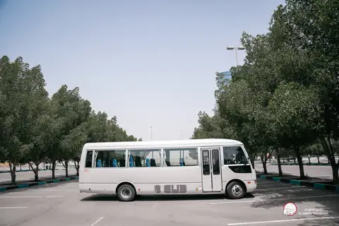 A white minibus from the side, parked between trees