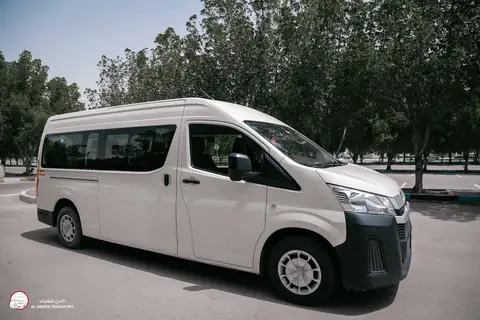 Side view of a white van in a tree-lined car park