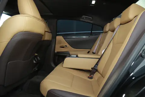 The rear seat of a Lexus in tan leather